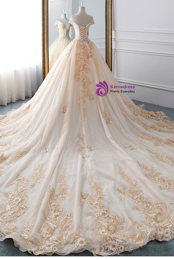 Champagne Tulle Appliques Off The Shoulder Wedding Dress With Beading