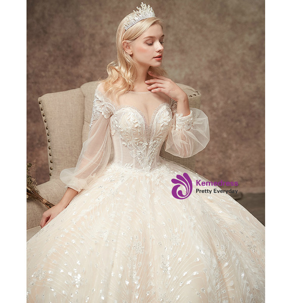 Champgne Ball Gown Tulle Sequins Puff Sleeve Backless WeddingDress