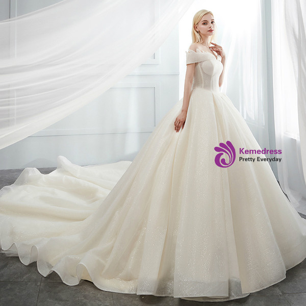 Champagne Tulle Sequins Off The Shoulder Corset Wedding Dress With Train