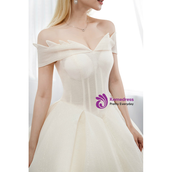 Champagne Tulle Sequins Off The Shoulder Corset Wedding Dress With Train