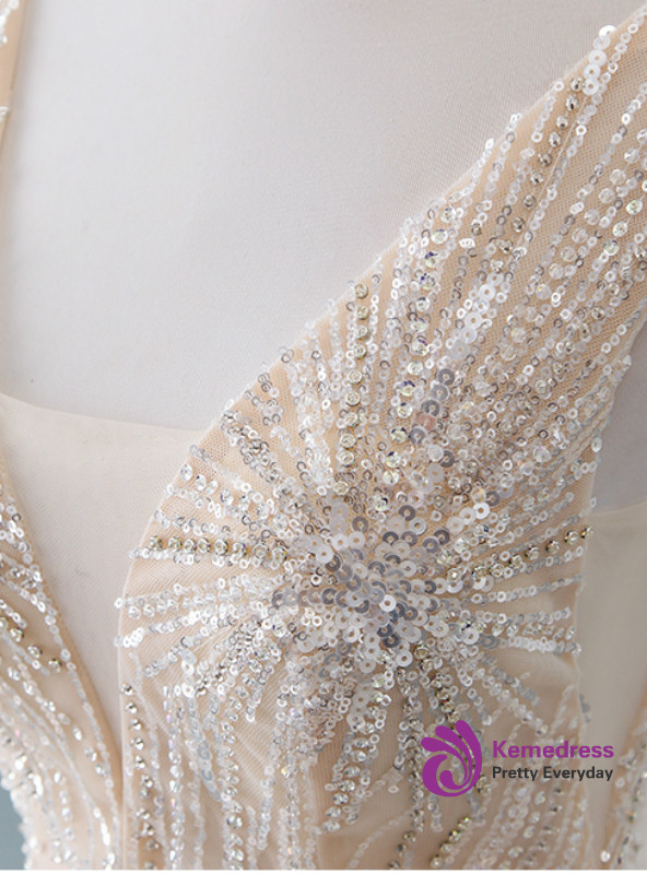 Champagne Ball Gown Tulle Sequins Bling Bling V-neck Wedding Dress