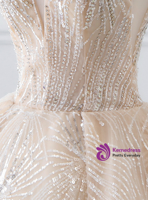 Champagne Ball Gown Tulle Sequins Bling Bling V-neck Wedding Dress