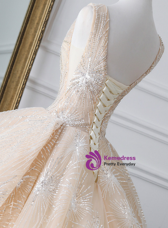 Champagne Ball Gown Tulle Sequins Bling Bling V-neck Wedding Dress