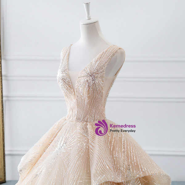 Champagne Ball Gown Tulle Sequins Bling Bling V-neck Wedding Dress