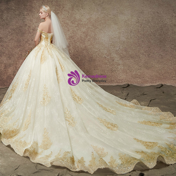 Champgne Tulle Appliques Off The Shoulder Wedding Dress With Bead