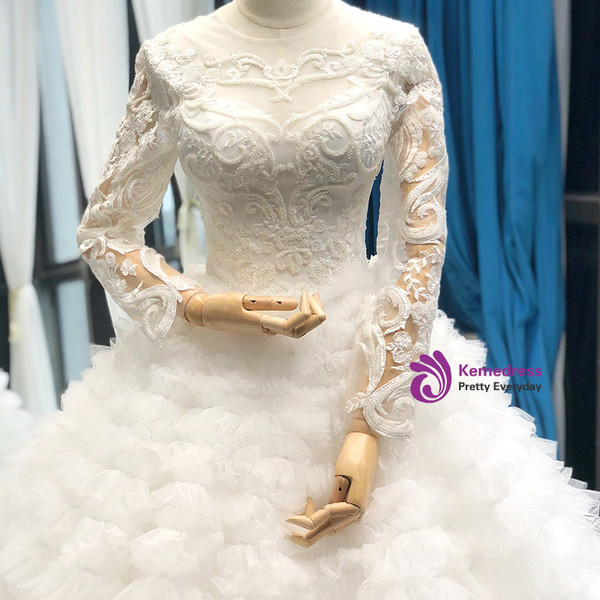 White Ball Gown Tulle Lace Appliques Long Sleeve Backless Wedding Dress