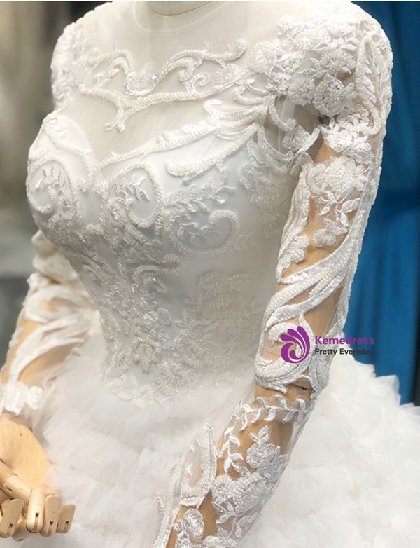 White Ball Gown Tulle Lace Appliques Long Sleeve Backless Wedding Dress