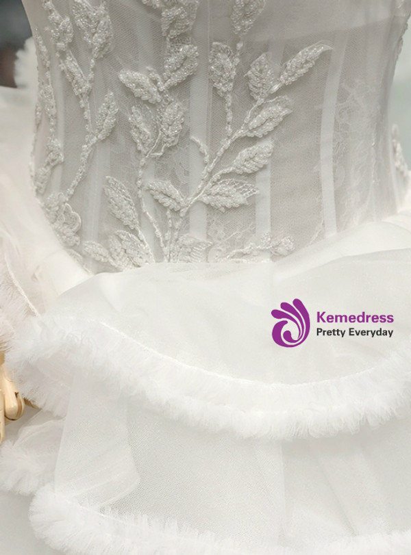 White Ball Gown Corset Tulle Off The Shoulder Wedding Dress With Feather