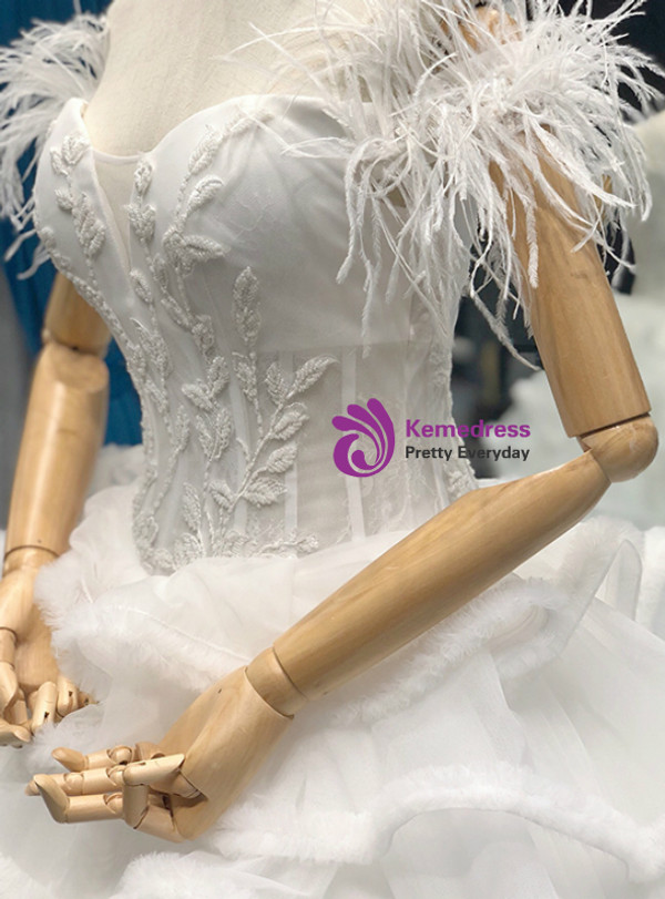 White Ball Gown Corset Tulle Off The Shoulder Wedding Dress With Feather