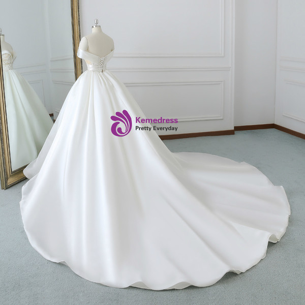 White Satin Off The Shoulder Appliques Wedding Dress With Beading