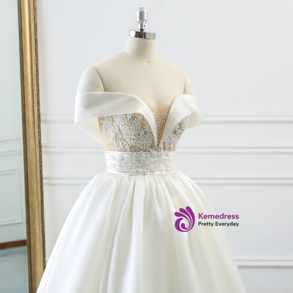 White Satin Off The Shoulder Appliques Wedding Dress With Beading