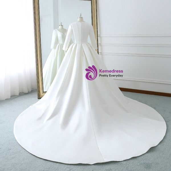 Ivory White Satin Sweetheart Long Sleeve Wedding Dress With Train