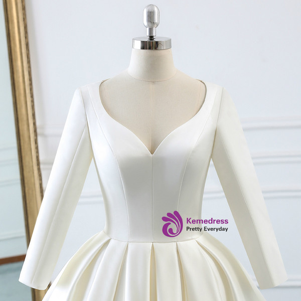 Ivory White Satin Sweetheart Long Sleeve Wedding Dress With Train