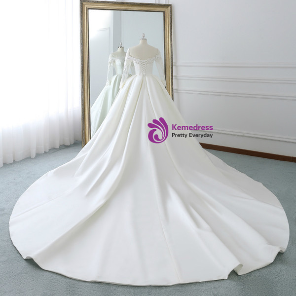 Ivory White Satin Off The Shoulder Long Sleeve Wedding Dress With Train