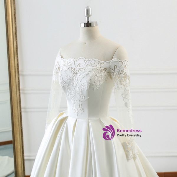Ivory White Satin Off The Shoulder Long Sleeve Wedding Dress With Train