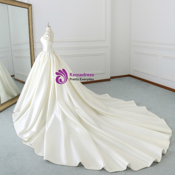 Ivory White Ball Gown Strapless Satin Wedding Dress With Long Train