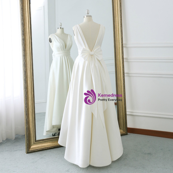 Ivory White Satin Deep V-neck Backless Tea Length Wedding Dress With Bow