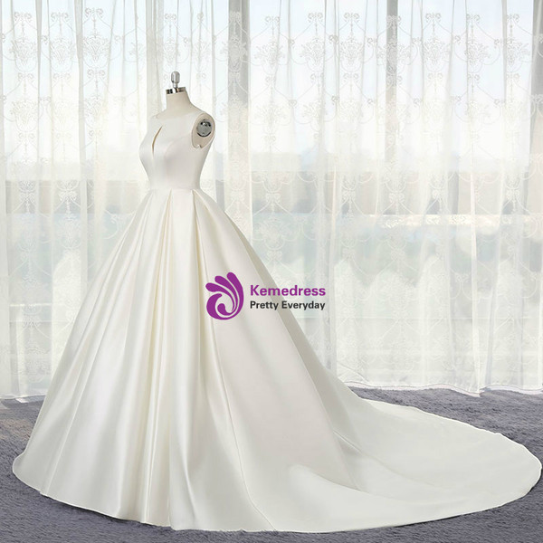 Ivory White Ball Gown Satin Cut Out Backless Wedding Dress