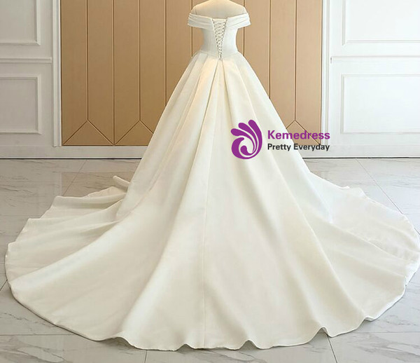 White Satin Off The Shoulder Pleats Wedding Dress With Train