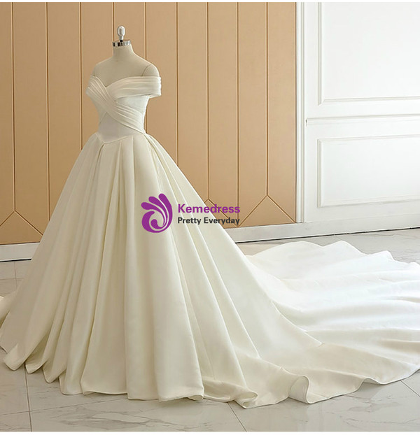 White Satin Off The Shoulder Pleats Wedding Dress With Train