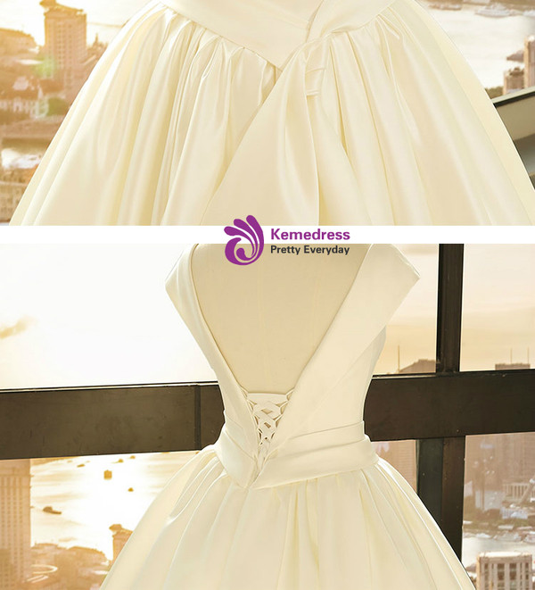 Beige White Satin Bateau Backless Cap Sleeve Wedding Dress