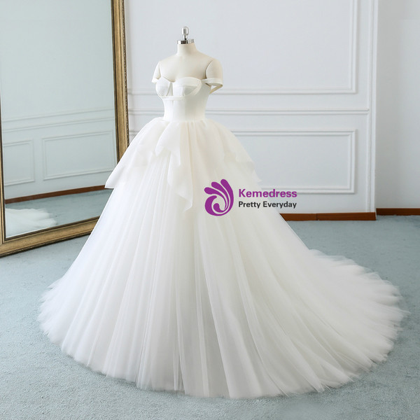 White Tulle Satin Off The Shoulder Backless Wedding Dress