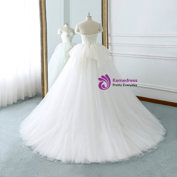 White Tulle Satin Off The Shoulder Backless Wedding Dress