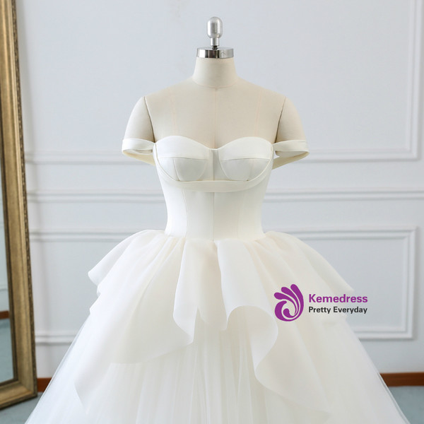 White Tulle Satin Off The Shoulder Backless Wedding Dress