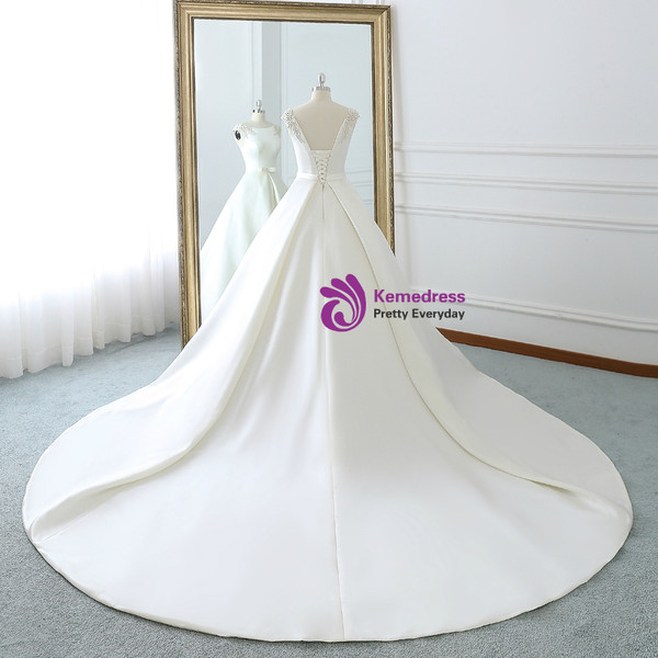 White Satin Cap Sleeve Backless Wedding Dress With Pearls