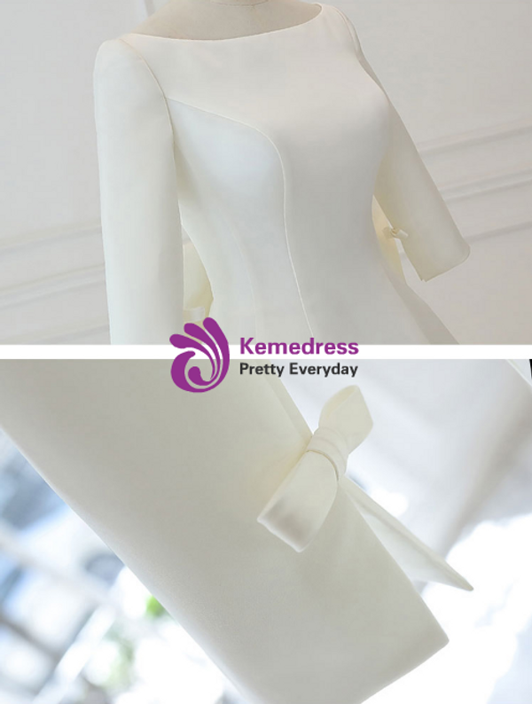 White Satin Backless 3/4 Sleeve Wedding Dress With Big Bow