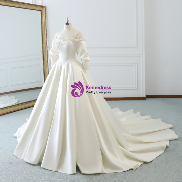 Ivory White Ball Gown Satin Off The Shoulder Puff Sleeve Wedding Dress