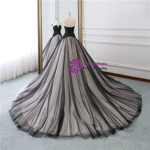 Black Satin Tulle Strapless Sleeveless Wedding Dress With Train