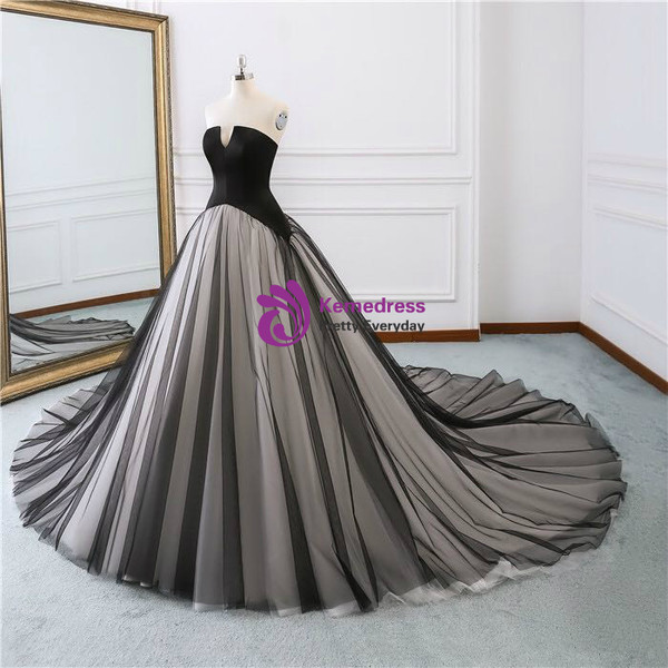 Black Satin Tulle Strapless Sleeveless Wedding Dress With Train