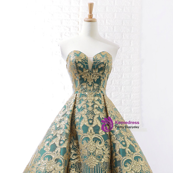 Vintage Green Ball Gown Gold Appliques Sweetheart Wedidng Dress