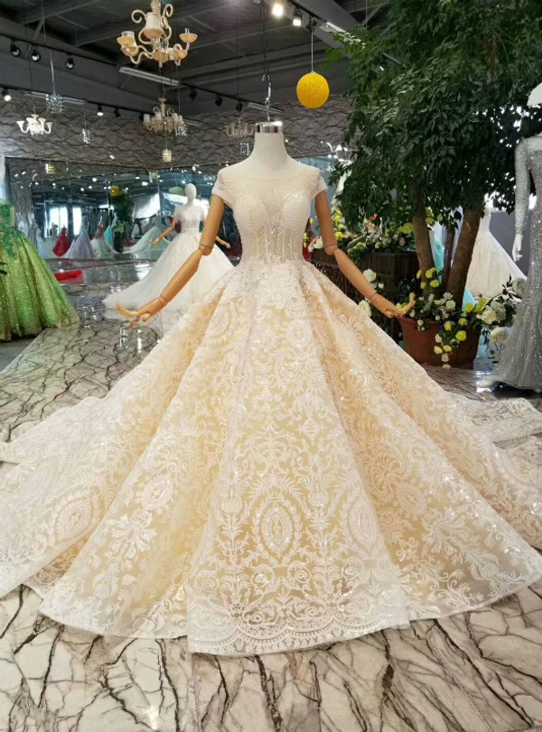 Champagne Ball Gown Lace Cap Sleeve Backless Wedding Dress With Beading
