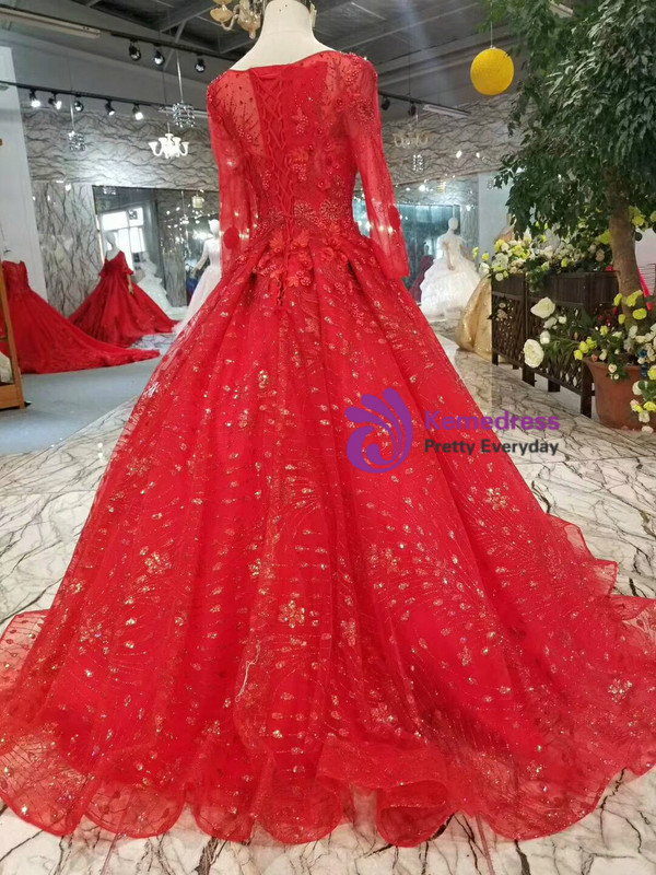 Red Tulle Sequins Long Sleeve Appliques Wedding Dress With Pearls