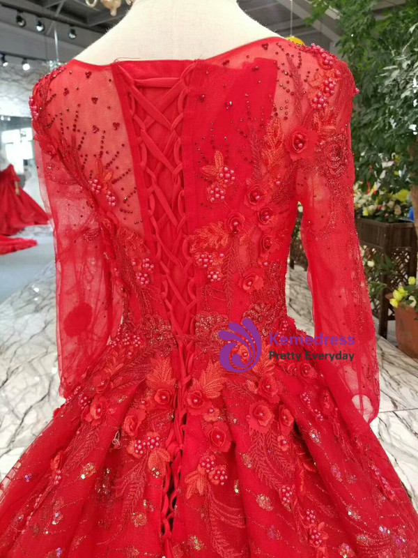 Red Tulle Sequins Long Sleeve Appliques Wedding Dress With Pearls