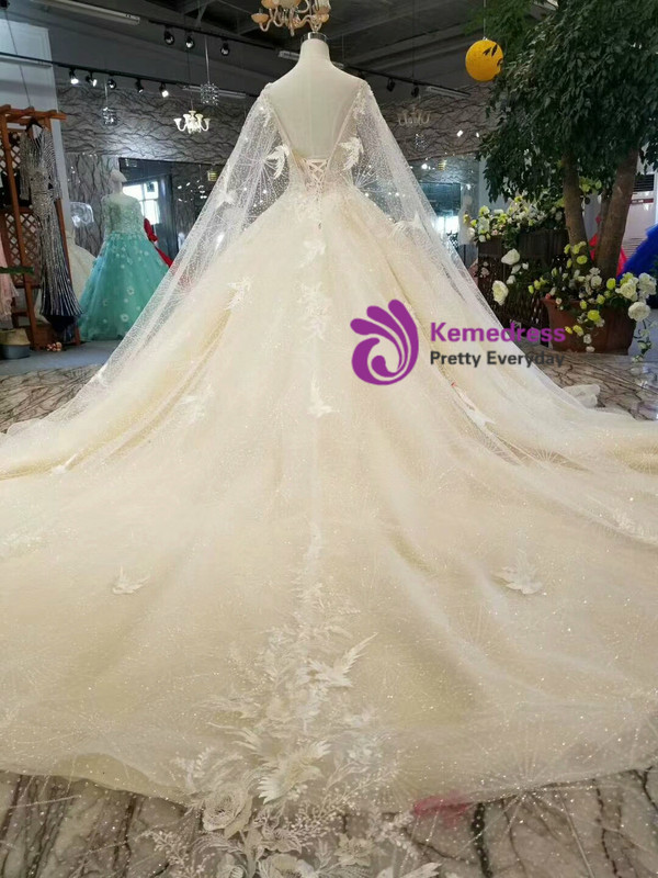 Light Champagne Tulle Sequins V-neck Backless Wedding Dress With Beading