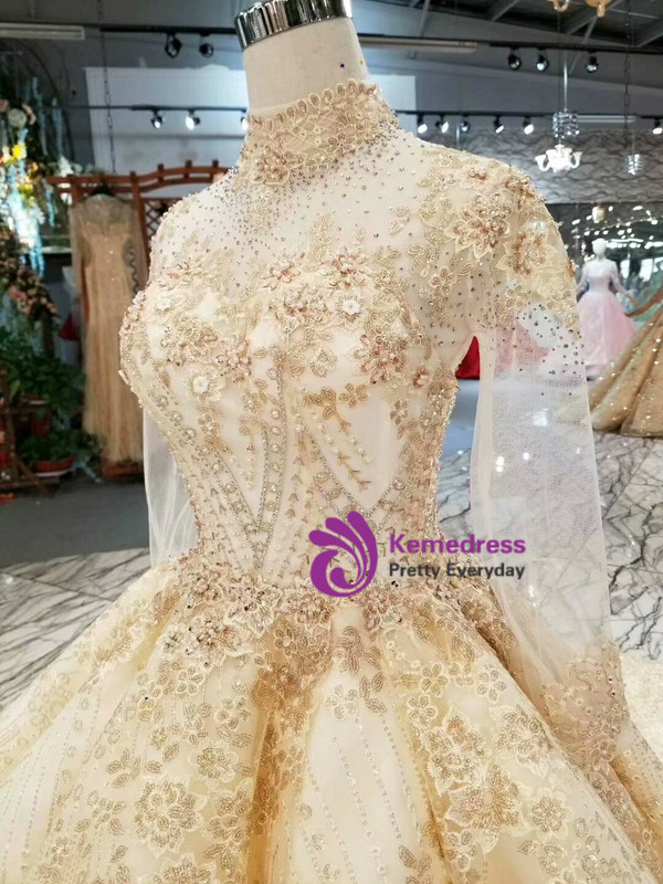 Champagne Gold High Neck Long Sleeve Wedding Dress With Long Train
