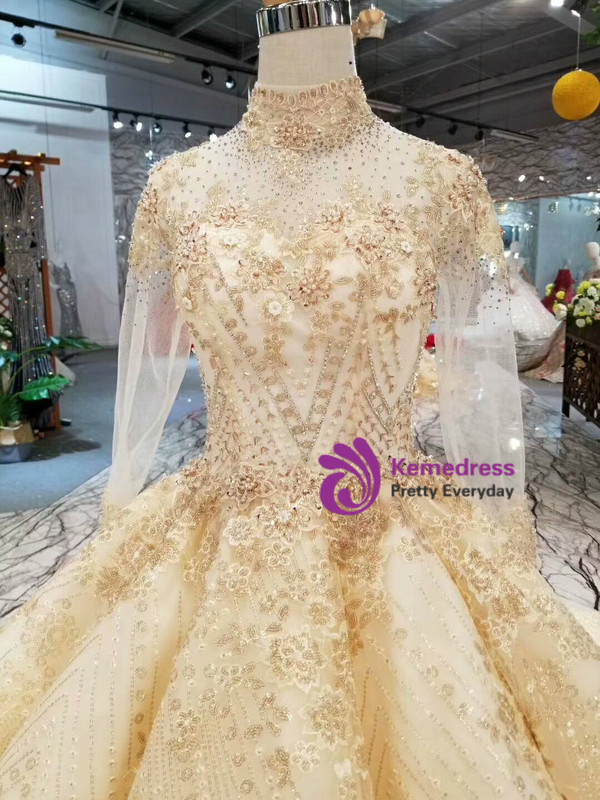 Champagne Gold High Neck Long Sleeve Wedding Dress With Long Train