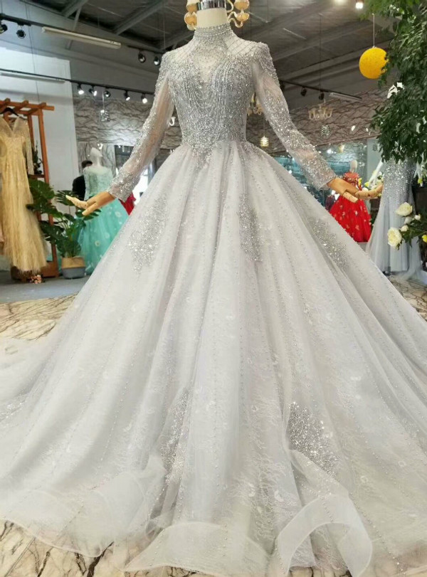 Gray Tulle High Neck Long Sleeve Backless Wedding Dress With Beading