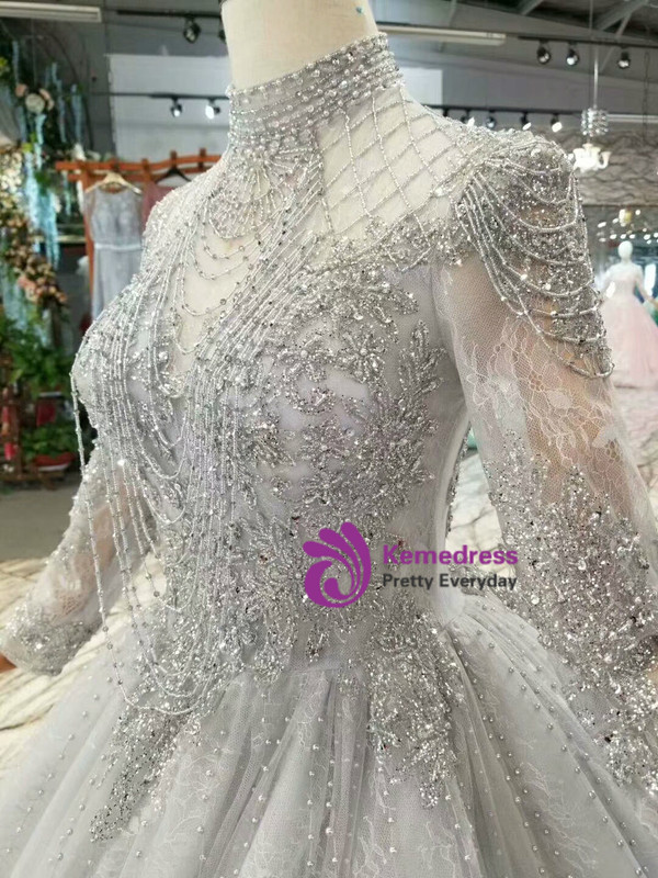 Gray Tulle High Neck Long Sleeve Backless Wedding Dress With Beading