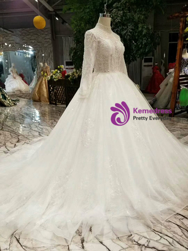 White Tulle High Neck Long Sleeve Backless Wedding Dress With Beading