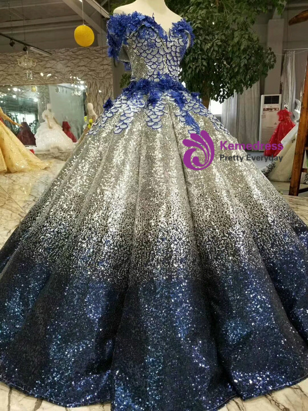 Blue Silver Sequins Off The Shoulder Backless Appliques Wedding Dress