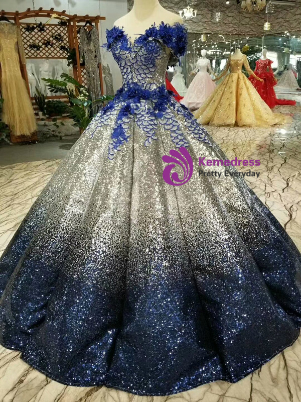 Blue Silver Sequins Off The Shoulder Backless Appliques Wedding Dress
