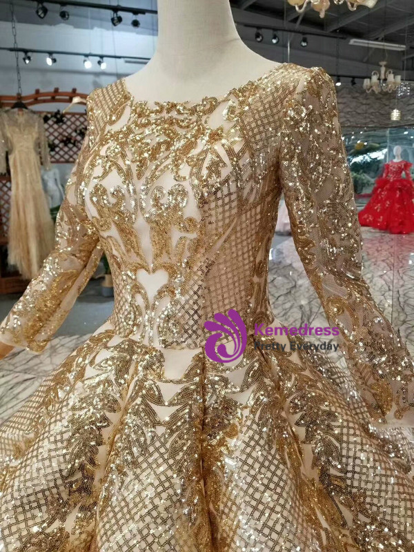 Gold Ball Gown Sequins Bling Bling Long Sleeve Floor Length Wedding Dress