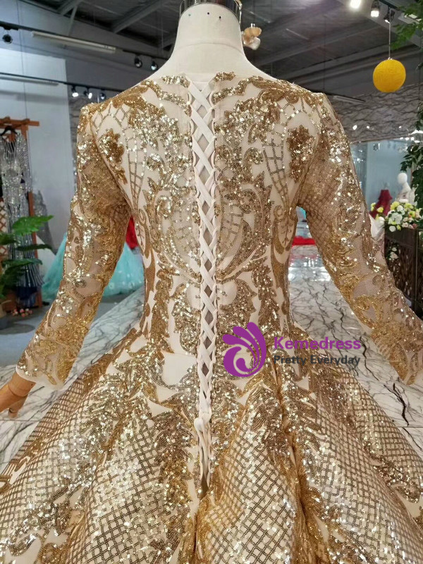 Gold Ball Gown Sequins Bling Bling Long Sleeve Floor Length Wedding Dress
