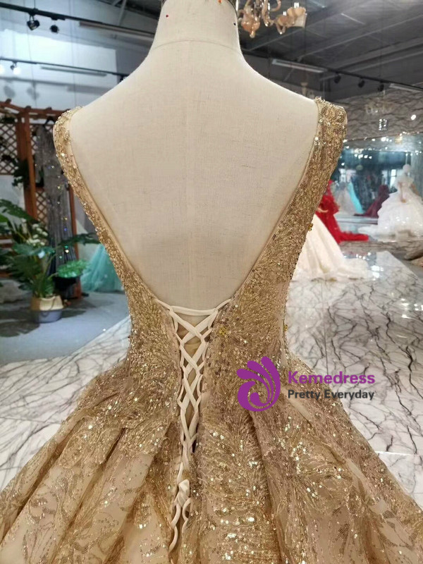 Champagne And Gold Sequins V-neck Backless With Beading Wedding Dress