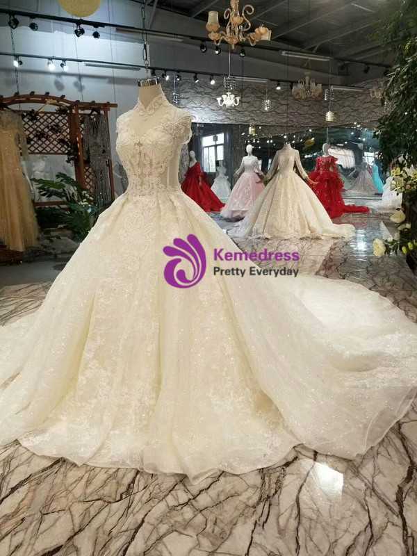 Light Champagne Ball Gown Tulle High Neck Backless Wedding Dress With Train