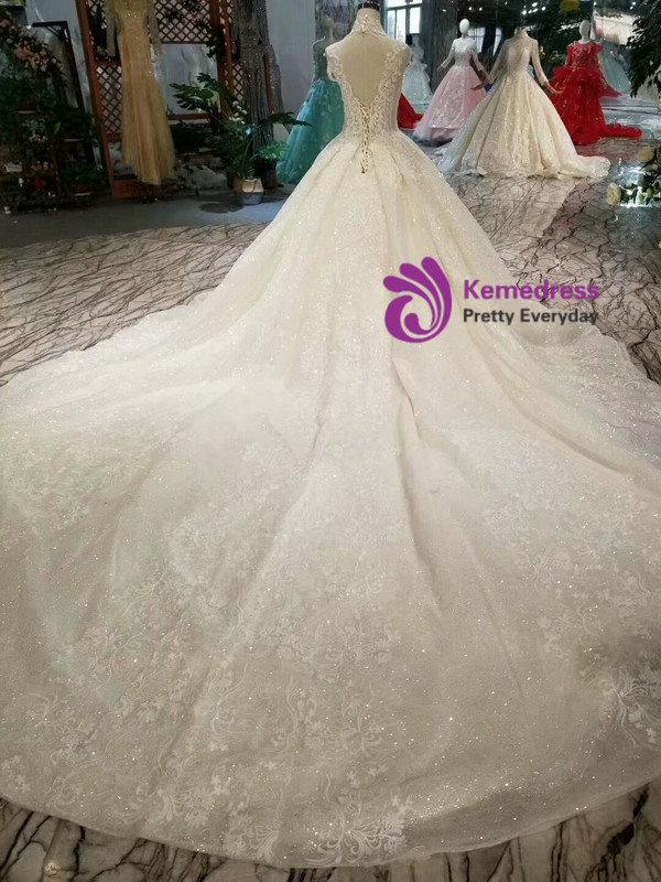 Light Champagne Ball Gown Tulle High Neck Backless Wedding Dress With Train